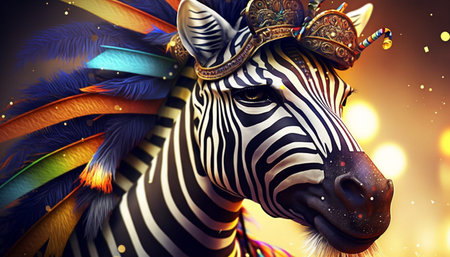 Zebra head with colorful feathers and crown. 3d illustration.の素材
