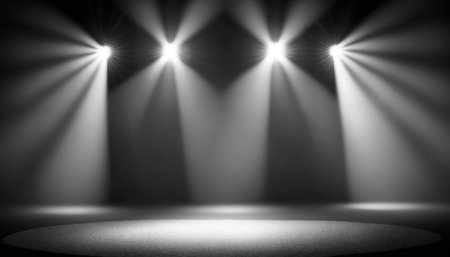 Stage Spotlight with Stage Podium for Award Ceremony illuminated on black background.の素材