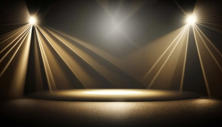 Stage Spotlight with Scene, Stage Podium Scene with for Award Ceremony illuminated by spotlight. Vector illustration.の素材