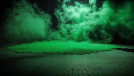 Green smoke on a dark background. Abstract dark background with green fog.の素材