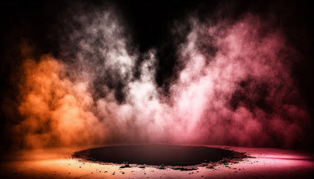 Dark scene with neon light, smoke and smog. Abstract backgroundの素材