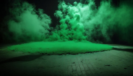 Green foggy halloween background with lights and smoke. 3d renderingの素材