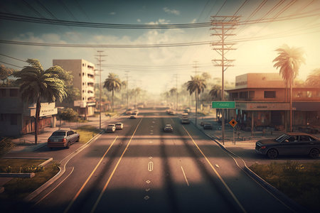 City road with car traffic on the road in the morning, vintage toneの素材