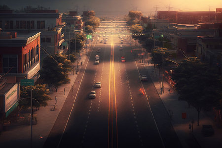 City street at night with cars on the road, 3d renderingの素材