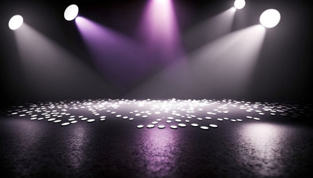 Spotlights illuminate the stage. 3D rendering. Stage Spotlight background.の素材