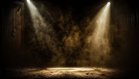 Empty stage with spotlights and smoke. Stage background. Spotlight on stage.の素材