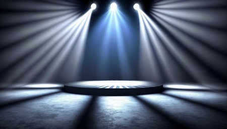 Stage podium illuminated by spotlights. Stage background. 3D renderingの素材