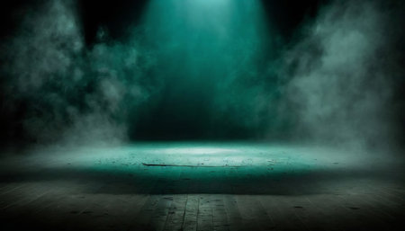 Empty stage with smoke and spotlights. Abstract dark background with smoke and spotlightsの素材