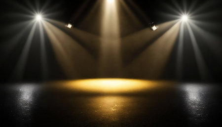 Spotlights illuminate the stage. 3D illustration. Spotlight background.の素材