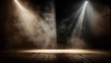 Empty stage with flood lights and smoke. Stage Spotlight on a dark backgroundの素材