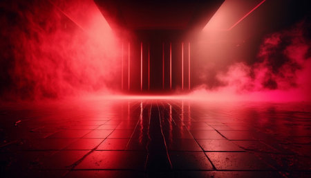 Futuristic dark corridor with neon lights and reflections. 3d renderingの素材
