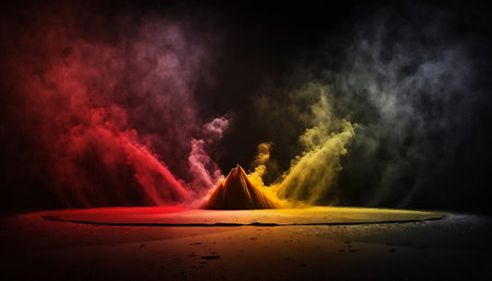 abstract scene with yellow and red rays of light on a black backgroundの素材