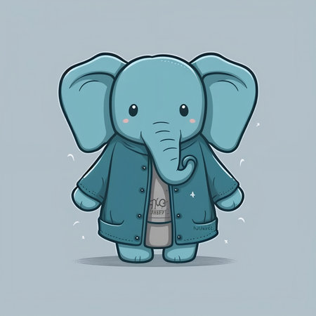 Cute cartoon elephant with raincoat isolated on gray background. Vector illustration.の素材