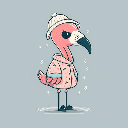 Flamingo in a hat and raincoat. Vector illustration.の素材