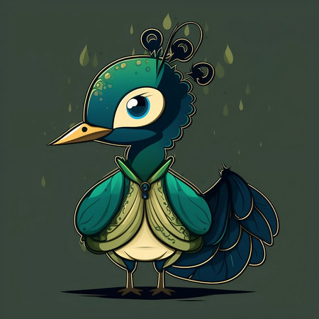 Vector illustration of a cute cartoon peacock on a dark background.の素材
