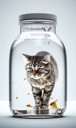 Cute kitten in a glass jar with gold coins on white backgroundの素材