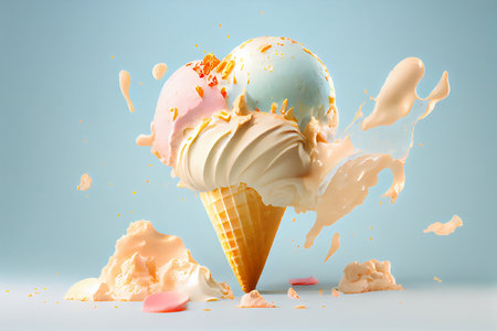 ice cream splashing in a waffle cone on a blue backgroundの素材