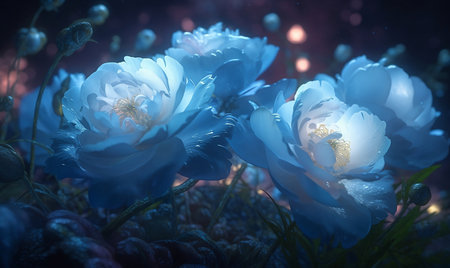Beautiful blue peony flowers on dark background with bokehの素材