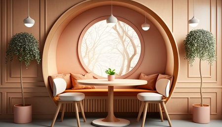 Interior of modern living room with round coffee table 3D renderingの素材