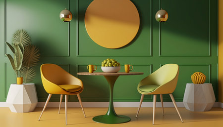 Interior of modern living room with green walls, yellow floor, round coffee table with yellow armchairs and round mirror. 3d renderingの素材