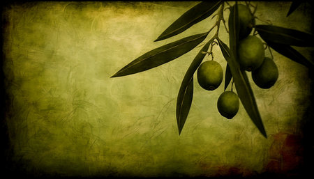 Olive branch with green olives on grunge textured backgroundの素材