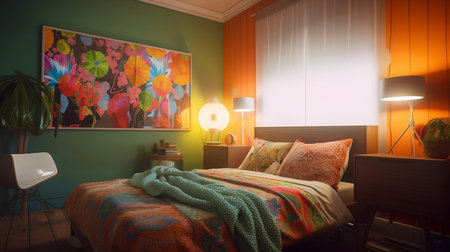 Interior of a bedroom with a bed and a lamp.の素材