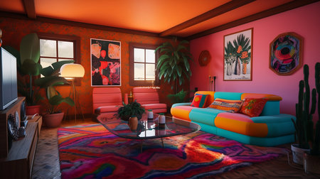 Interior of a living room with colorful furniture. 3d renderの素材