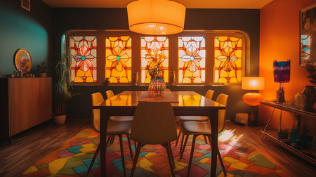 Interior of a modern dining room with orange walls and a wooden floorの素材