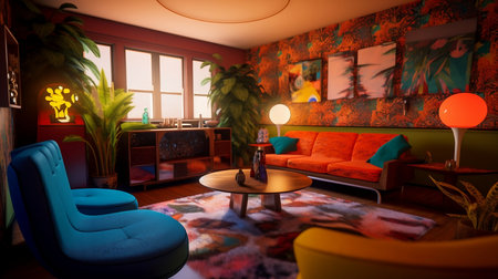 Interior of modern living room with orange sofa and blue armchairsの素材
