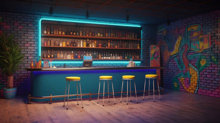 a bar interior with neon lights and bar counterの素材