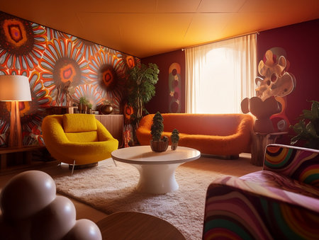 Interior of a living room with orange sofa and yellow armchairの素材