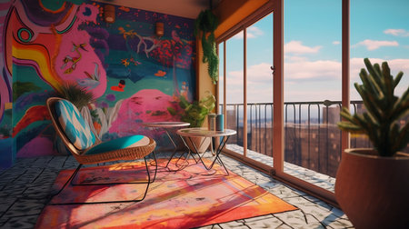 Interior of a terrace with a view of the sea.の素材