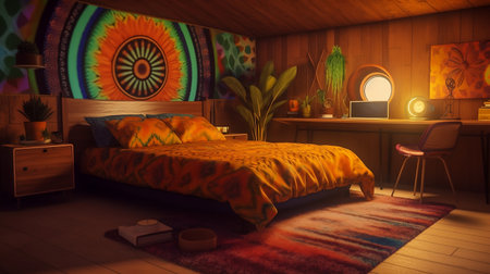 Interior of a bedroom in ethnic style. 3D rendering.の素材