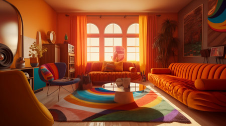 Interior of the living room with orange walls. 3d renderの素材
