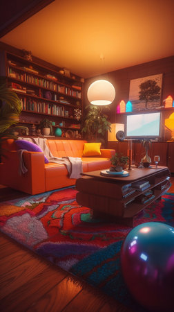 Interior of living room with orange sofa, bookshelf and coffee tableの素材