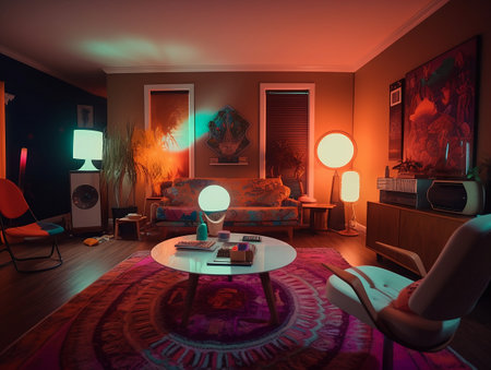 Interior of a modern living room at night. 3D renderingの素材