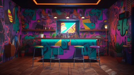 3d render of a bar interior with colorful graffiti on the wallの素材