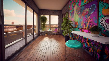 A cafe interior with a view of the cityの素材