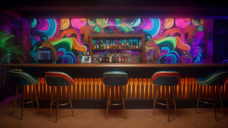 Interior of a bar with neon lights and colorful abstract painting.の素材