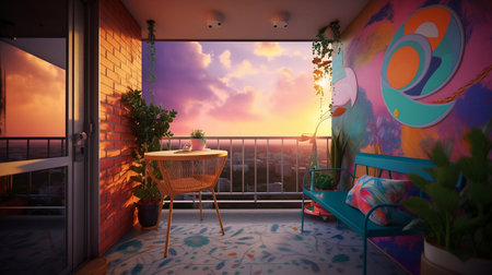 a terrace with a view of the sunsetの素材