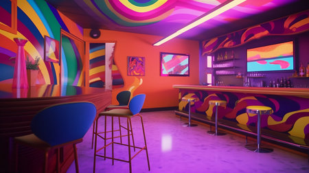 a colorful bar interior with neon lights and seatsの素材