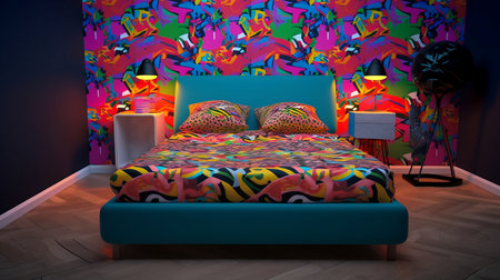 a double bed in a room with a colorful wallの素材