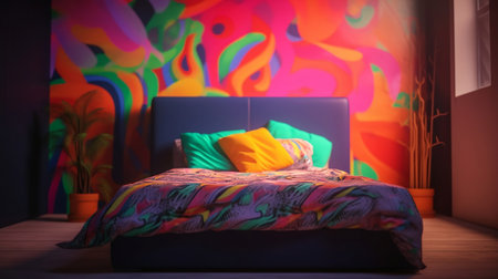 Interior of a modern bedroom with a colorful wall and a bedの素材