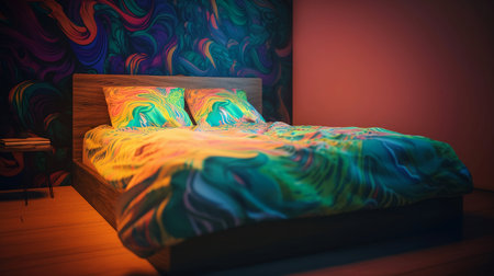 Double bed in the bedroom. Colorful bed in the bedroom.の素材