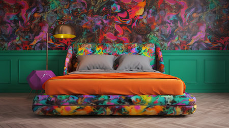 Comfortable double bed with multicolored bedding in the interiorの素材