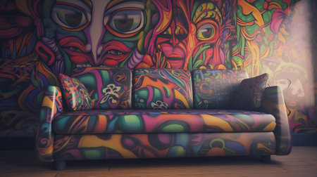 Interior of a modern living room with a sofa and colorful wall paintingsの素材