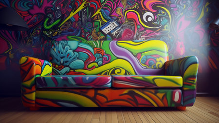 Sofa in the room with colorful graffiti on the wall.の素材