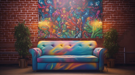 Composite image of blue sofa against red brick wall with vignetteの素材