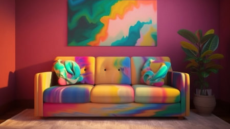 3D rendering of a modern living room with a sofa and a plantの素材