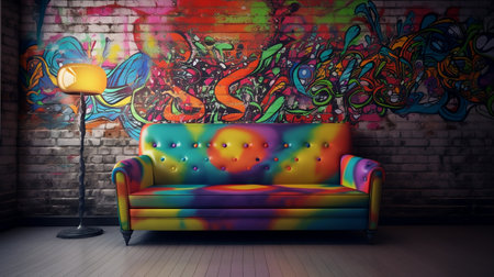 Sofa in a room with graffiti on the wall. 3d renderingの素材